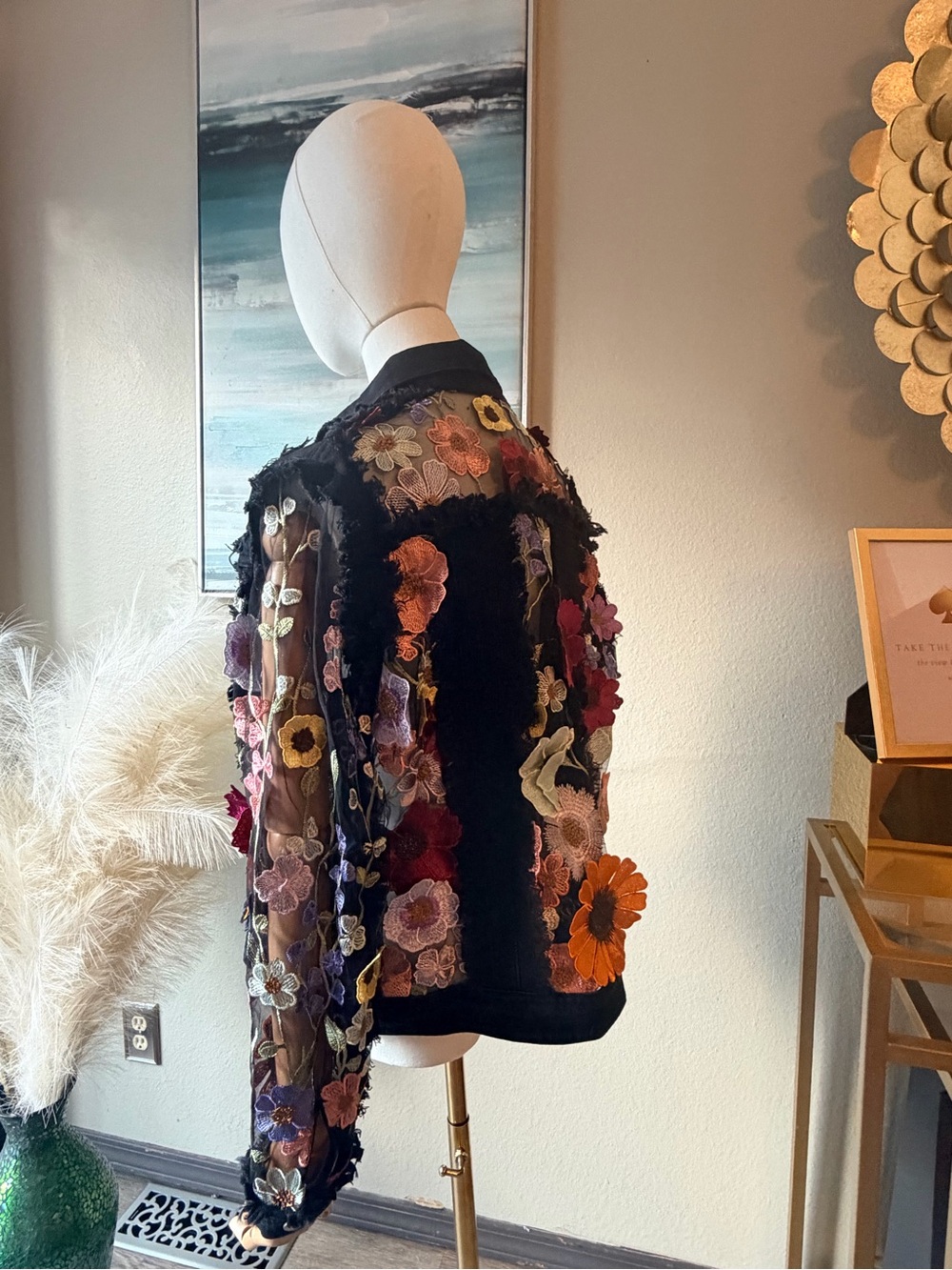 NWT Adore Large Black Floral Mesh Sleeve Denim Jacket Statement Piece NWT - Picture 6 of 13